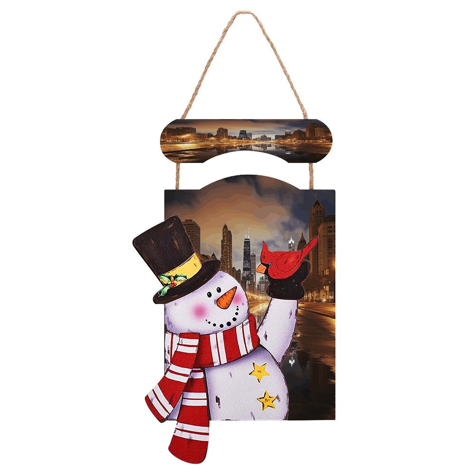 Panneau en bois bonhomme de neige d'hiver avec finition artisanale et corde de lin