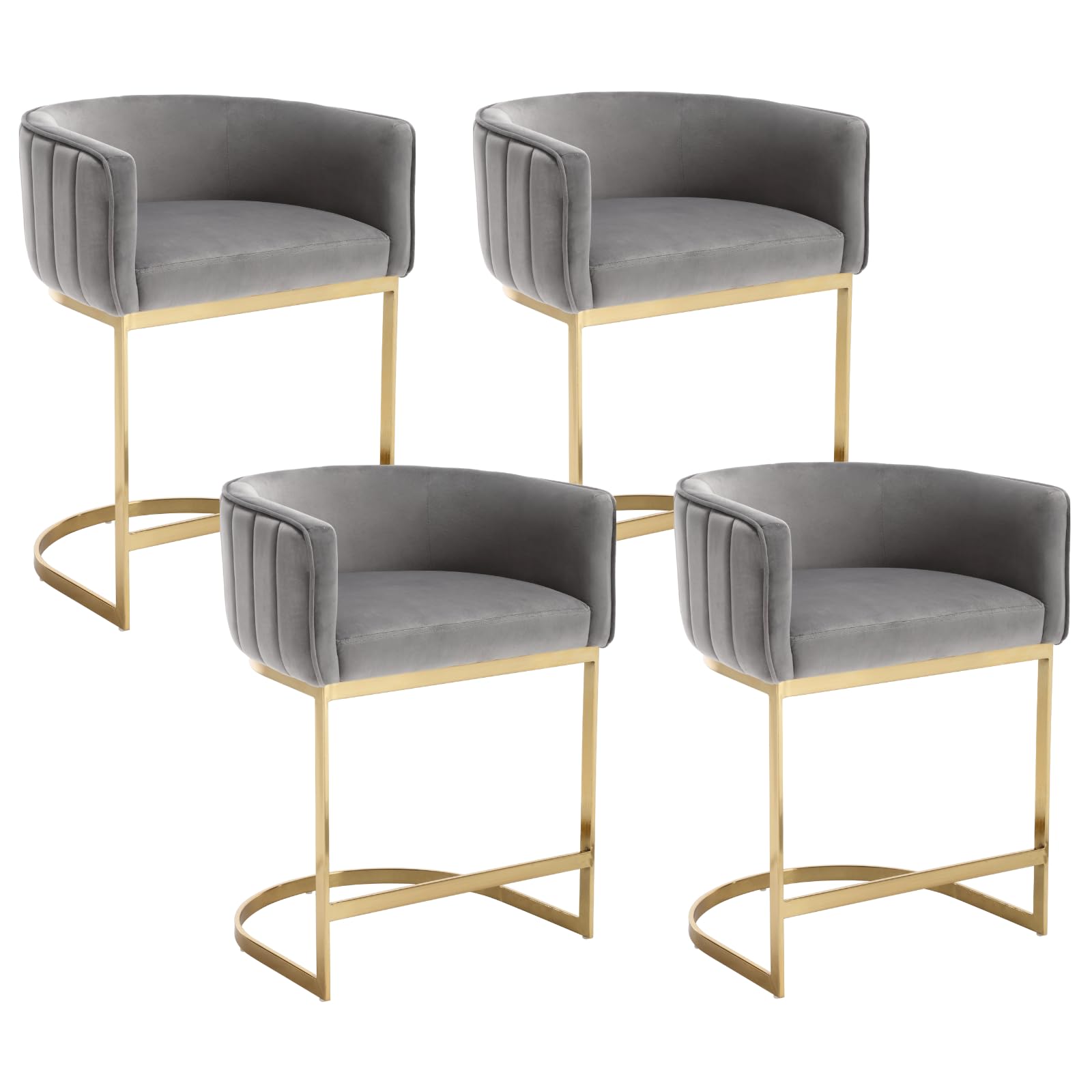 24" Modern Counter Height Bar Stools Set of 4 for Kitchen Island Comfy Velvet Upholstered Barrel Back Stool Chair with Golden Metal Legs for Dining Room/Home Bar/Reception/Cafe, Grey