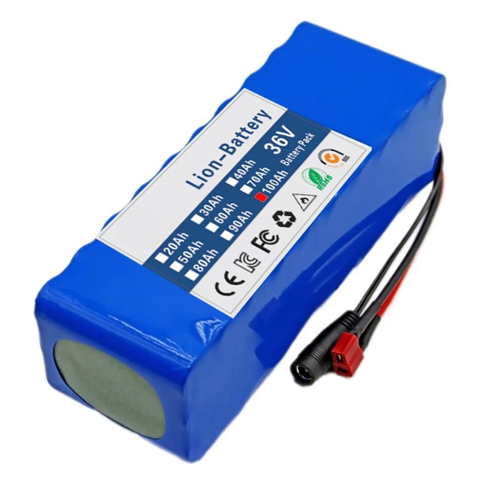 36V 100Ah 10S3P Ebike Battery Built-in BMS Rechargeable lithium-ion battery Long battery life for electric scooters and electric balance bikes with 42V 2A Charger 36V 100Ah,2line+DC