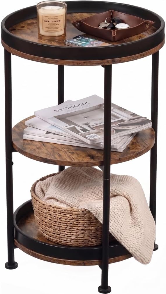 Dulcii Side Table, Round End Table with 3 Storage Shelves for Living Room, Bedroom, Nightstand with Steel Frame for Small Spaces, Industrial Round Sofa Table, Outdoor Accent Coffee Table, Rustic Brown