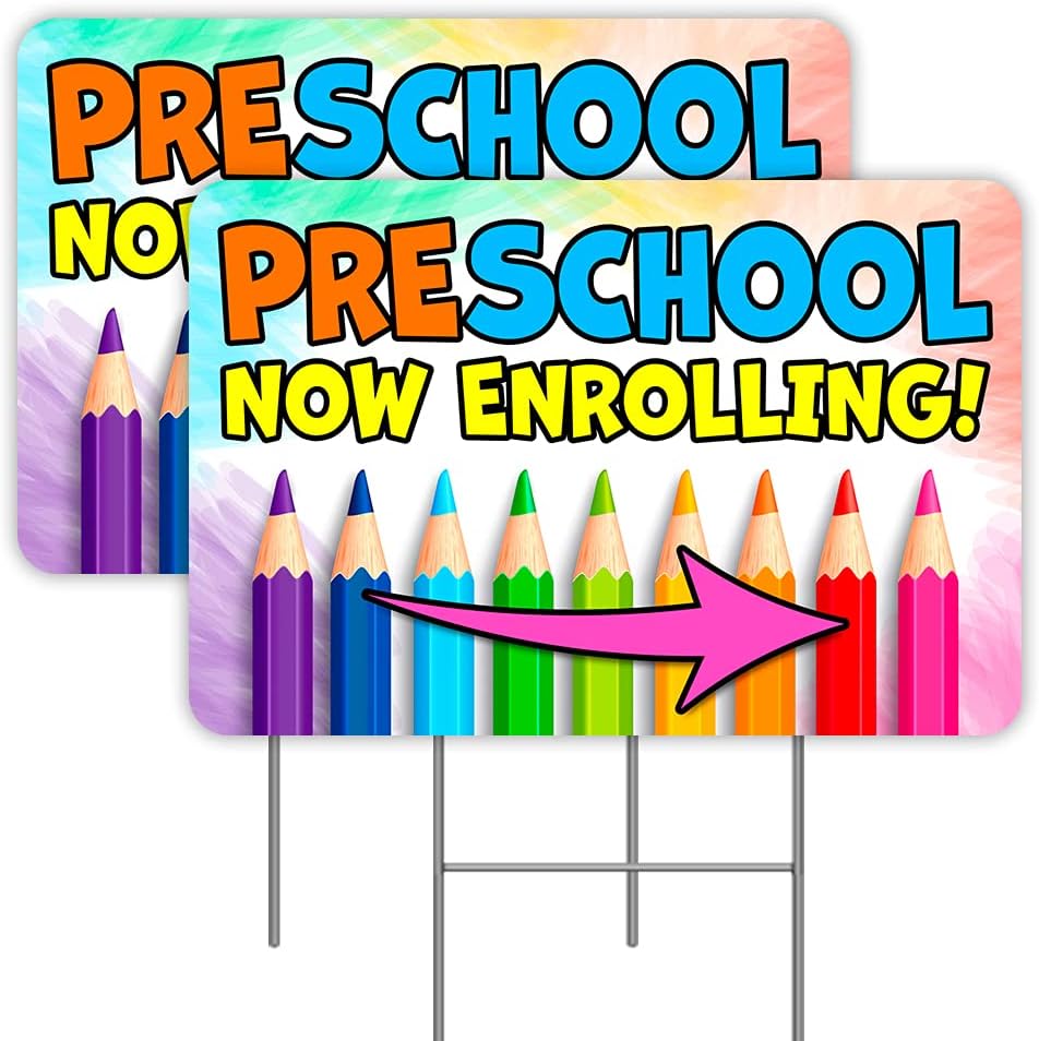 Preschool Now Enrolling 2 Pack Double-Sided Yard Signs 16" x 24" with Metal Stakes (Made in the USA)