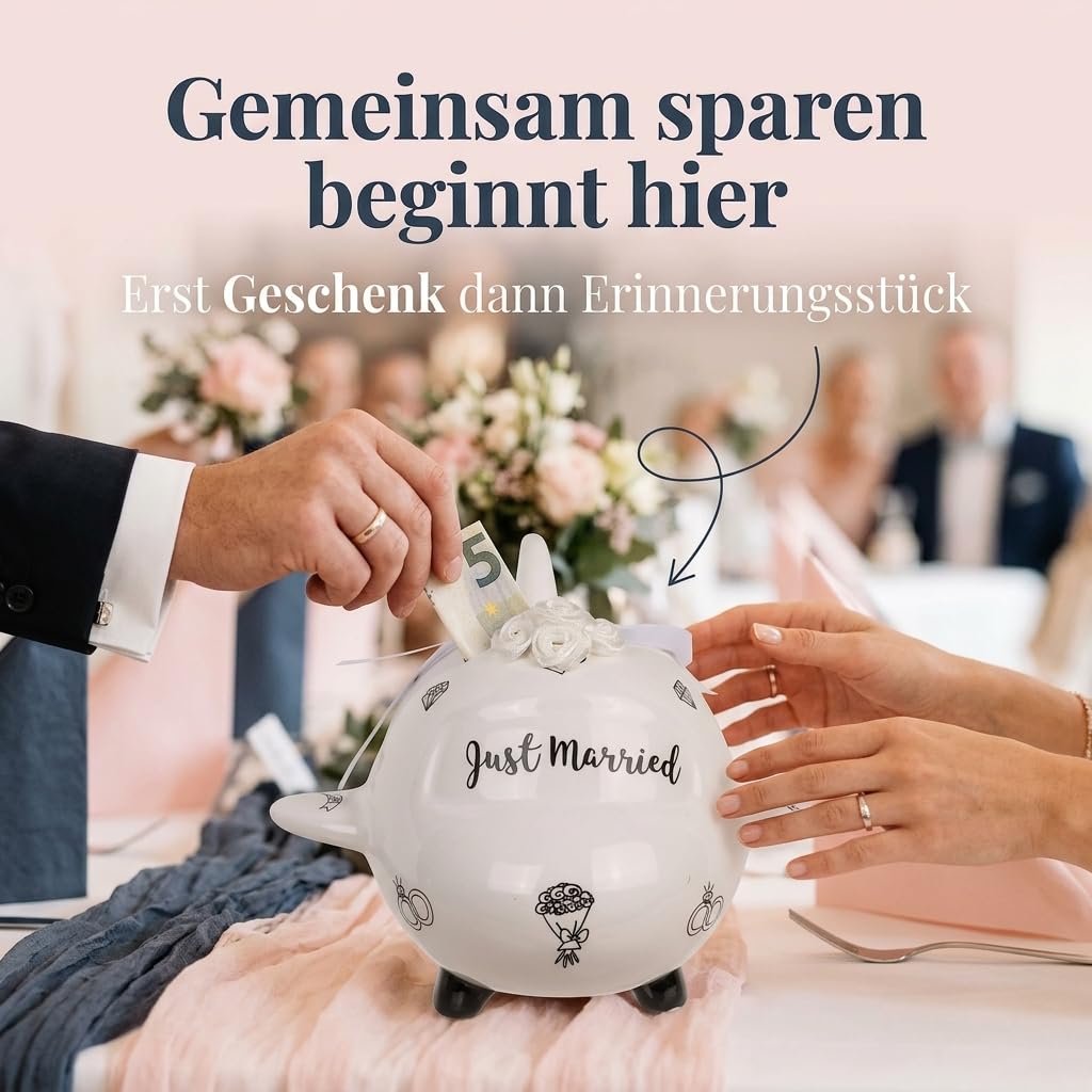 MIJOMA Salvadanaio per matrimonio a risparmio di matrimonio: salvadanaio originale con lucchetto, Just Married in ceramica, perfetto per coppie sposate e volpi (aereo nuziale)