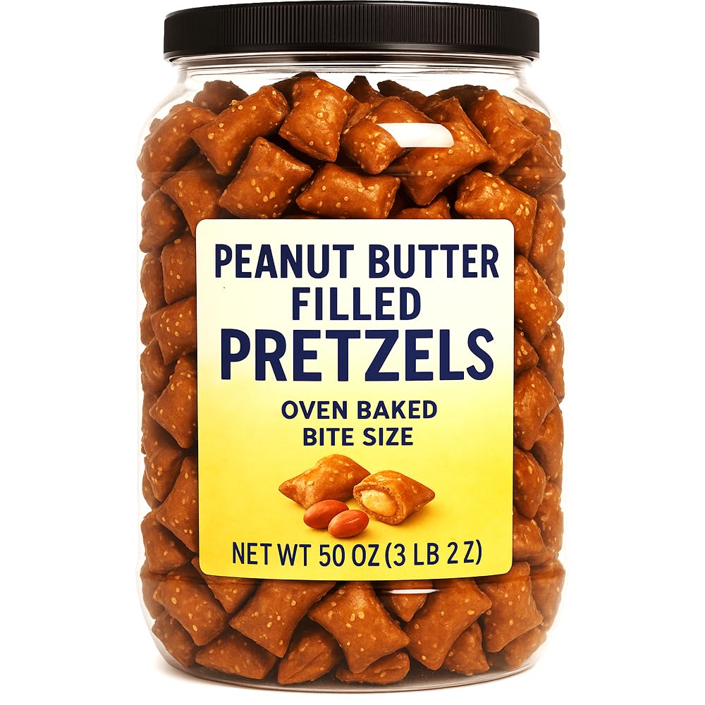 Peanut Butter Filled Pretzels, 50 oz Tub, Oven Baked Bite-Size Snack, Crunchy & Creamy, Salty and Sweet, Resealable Container