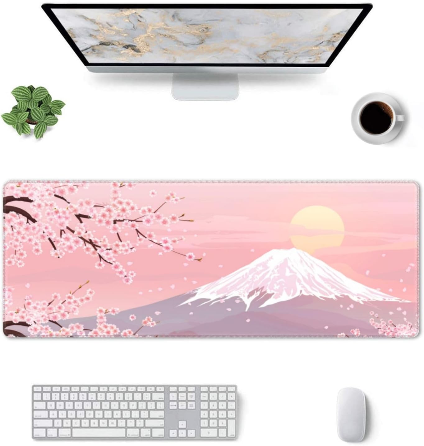 Cherry Blossom Mount Fuji Large Gaming Mouse Pad, Mouse Pad Gaming 31.5×12 in Mouse Mat Desk Pad, Large Desk Mat, Extended Keyboard Mousepad with Non-Slip Base and Stitched Edge