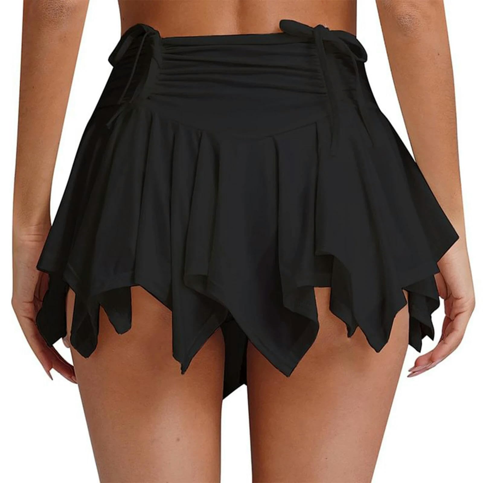Faldas Plisadas con Dobladillo Irregular Fruncido y Lazos, Faldas de Cintura Alta a la Moda para Mujer, Faldas Casuales de Verano Estilo gótico Punk, Negro, M