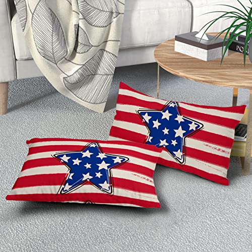 4Th Of July Pillow Covers 12X20 Set Of 2 Patriotic Decorations American Flag Stars Stripes Print Throw Pillows Decorative Pillowcase Farmhouse Lumbar Cotton Cushion Case Decor For Home Sofa Couch Bed #TOP6