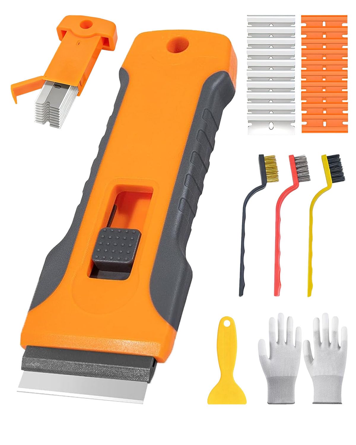 Glass Scraper Tool Kit with 20 Replace Blades – Retractable Safety Scraper with Blade Storage, 3 Wire Brushes & Gloves, Multi-Purpose Cleaning Window Scraper Tool Set