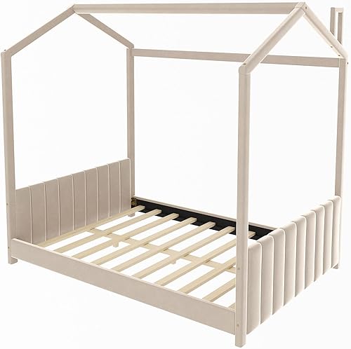 Miniatura 87 de MERITLINE Cama individual para niños, cama individual de madera para niños, cama Montessori con techo y ventana, cama de piso para niños pequeños,