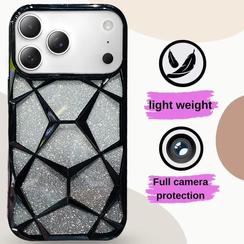 Image of VONZEE Gradient Glitter Back Cover Case Compatible with iPhone 17 Pro, Luxury Electroplated 3D Cube, Diamond Bling Shiny Soft TPU Clear Shockproof Women Girls Protective Phone Cover (Black)