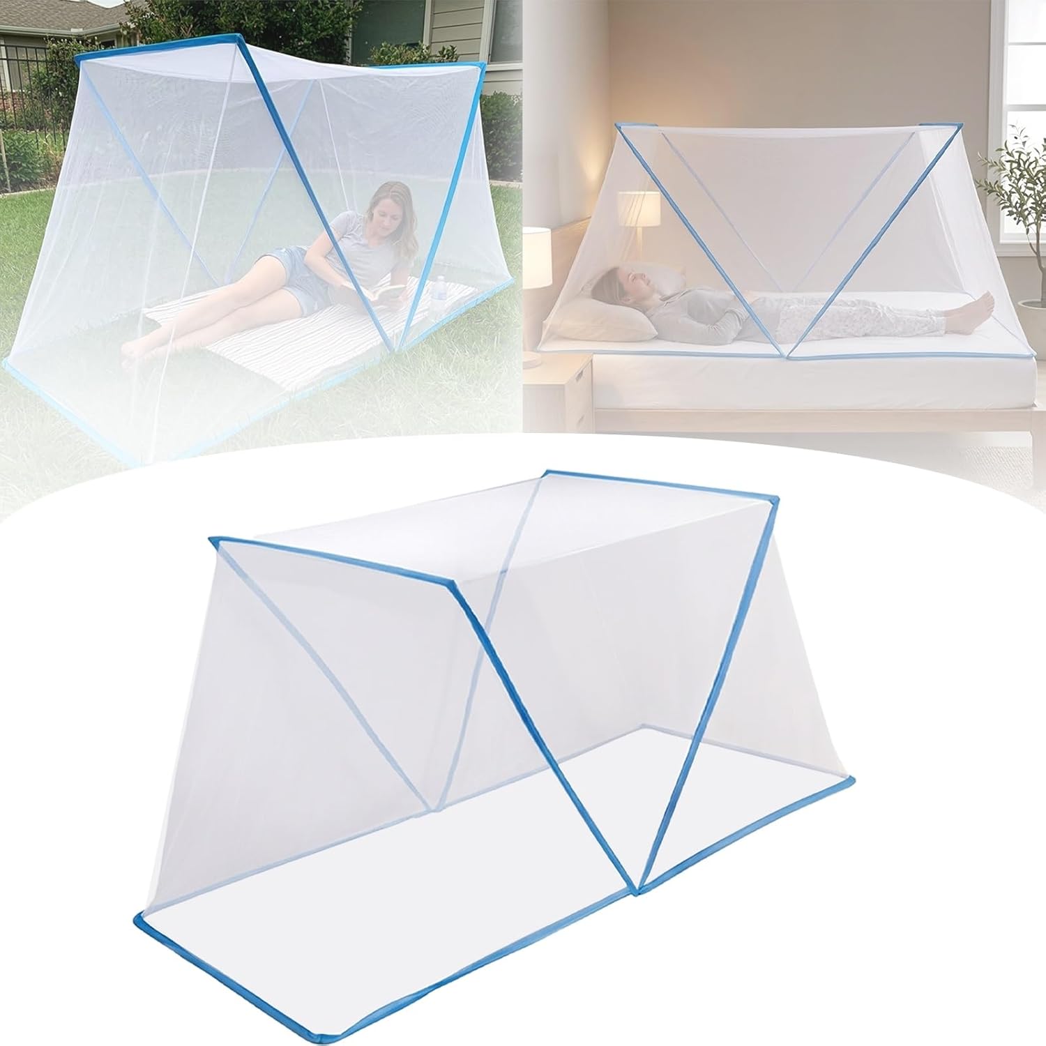 Pop-Up Mosquito Net Tent for Bed & Outdoors, Portable Folding Bed Canopy for Adults & Children, 3-Second Setup, Fine Mesh Breathable Anti-Bug Shield for Camping, Travel, Home(Blue,79x39ft)