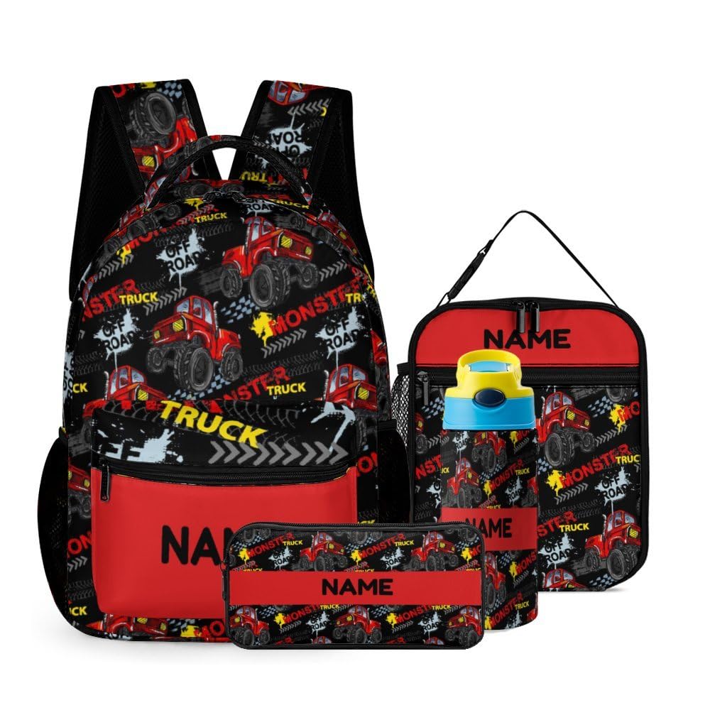 MLIANCEN Custom Red Truck Car Backpack Set 4 in 1 Personalized Add Your Name School Bag with Lunch Bag Pencil Case Water Bottle Customized Backpack