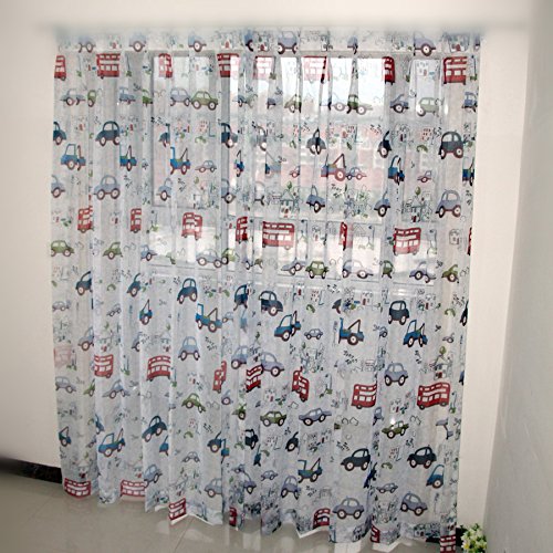 WPKIRA Short Sheer Curtains Drapes Perspective Cartoon Cars Bus Crane Taxi Printed Sheer Voile Tulle Bay Window Curtain Rod Pocket Drapery Panels for Boys Room, 1 Panel W37 x L47 inch