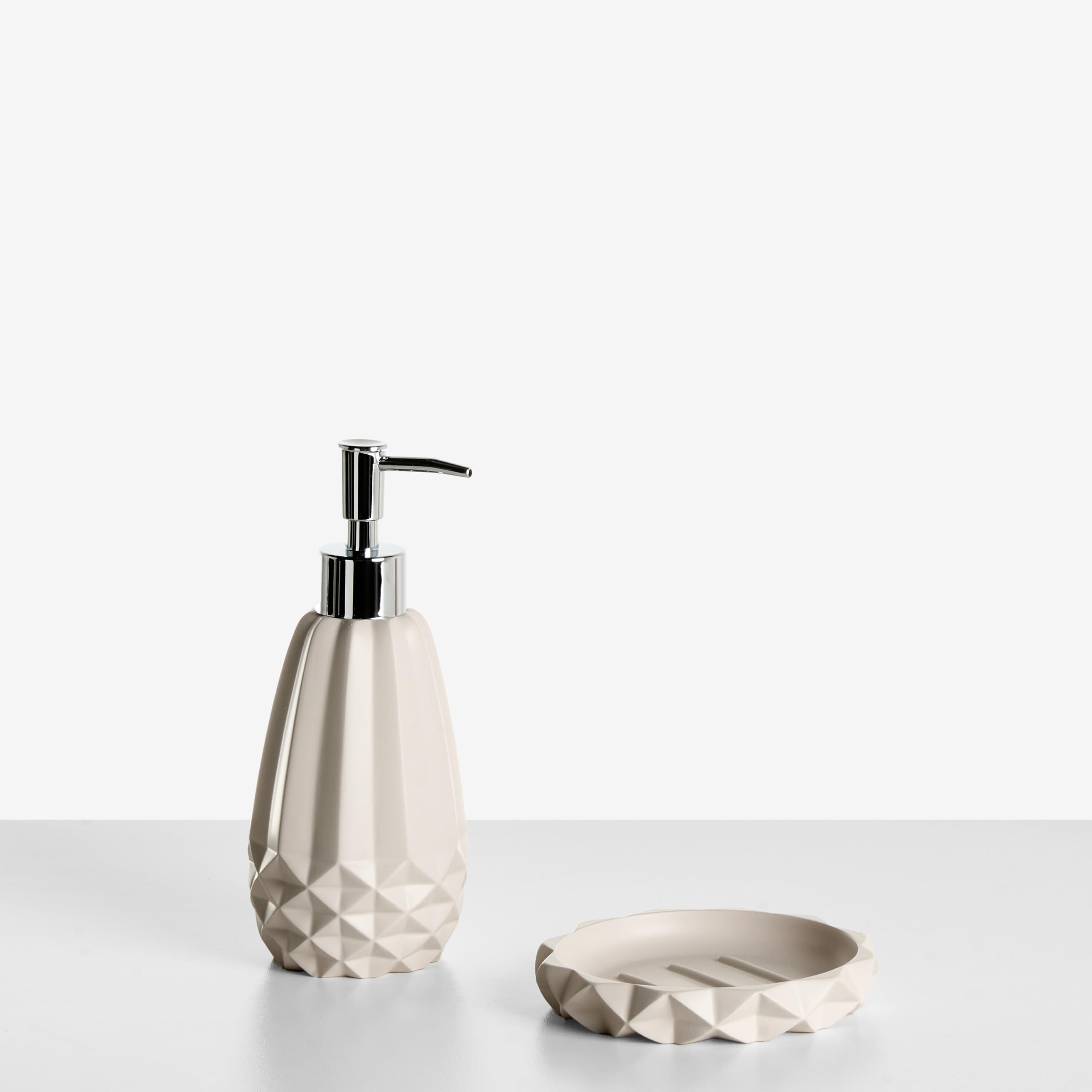 Conjunto de 5 Accesorios de baño jabonera dispensador de jabón escobilla de Inodoro Vaso Soporte para cepillos de Dientes Beige Samiria