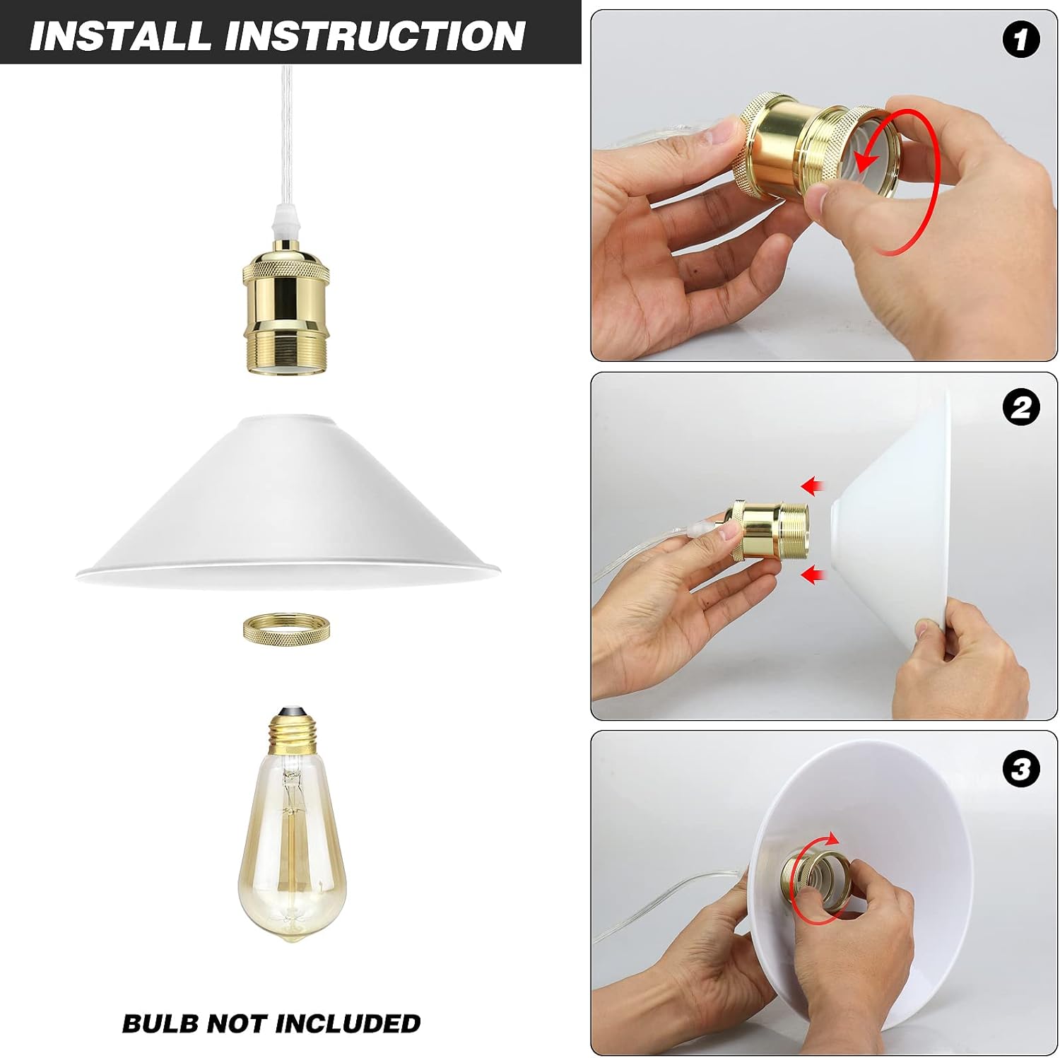LYOOWNG Plug in Pendant Light, Industrial Hanging Light with Plug in Cord On/Off Switch, Modern Pendant Light with Plug in Cord, Farmhouse Pendant Light Fixture, White