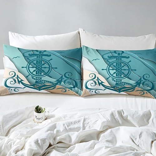 Miniatura 7 de Erosebridal Funda de edredón costera del océano, juegos de ropa de cama con ancla náutica, tamaño King, funda de edredón con brújula de gaviota,