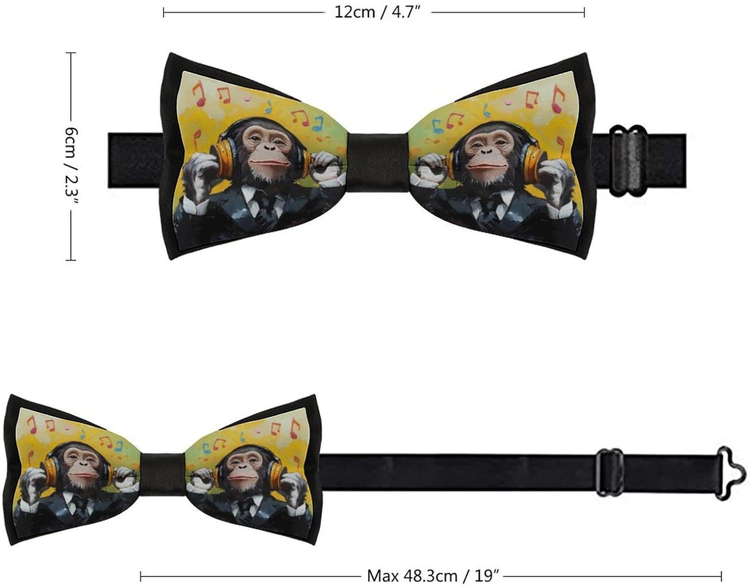 Monkey Music with Headphones Bow Ties for Men Fun Printed Pre Tied Adjustable Bowtie for Party Wedding