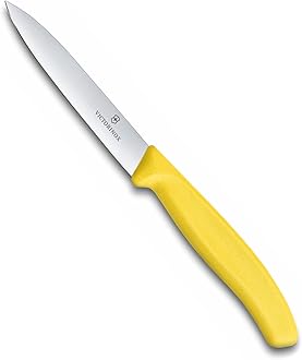 Victorinox Stainless Steel Kitchen Knife, Swiss Classic 10 cm Stamped Knife with Straight Edge, Beveled Tip for Professional and Household Kitchen, Yellow, Swiss Made