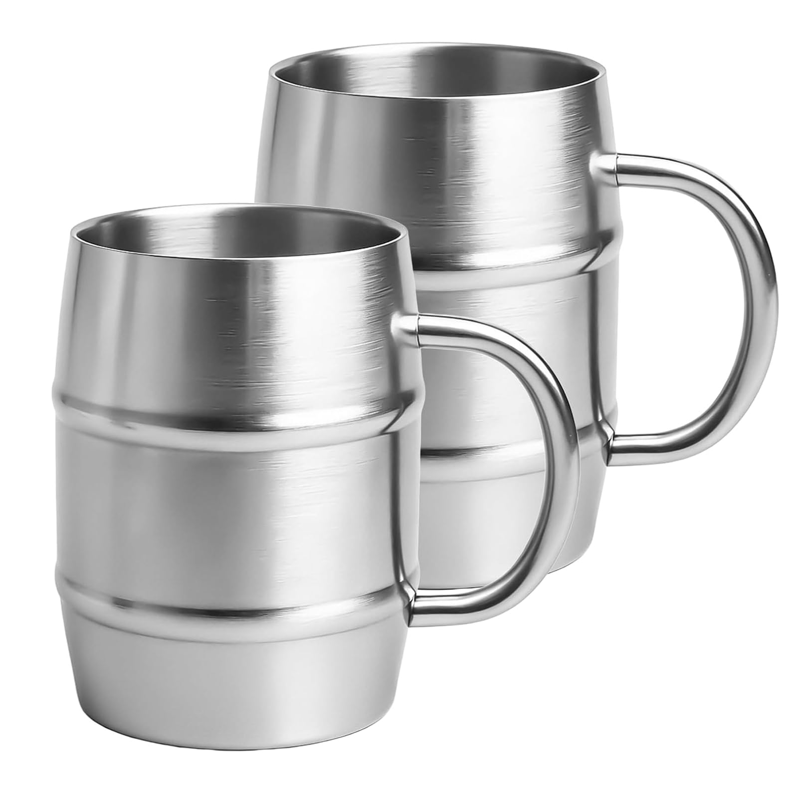 BORDEAG Lot de 2 gobelets isothermes en acier inoxydable - 500 ml - Double paroi - Avec poignée - Chope à bière en acier inoxydable - Pour le quotidien et les activités de plein air - Argenté