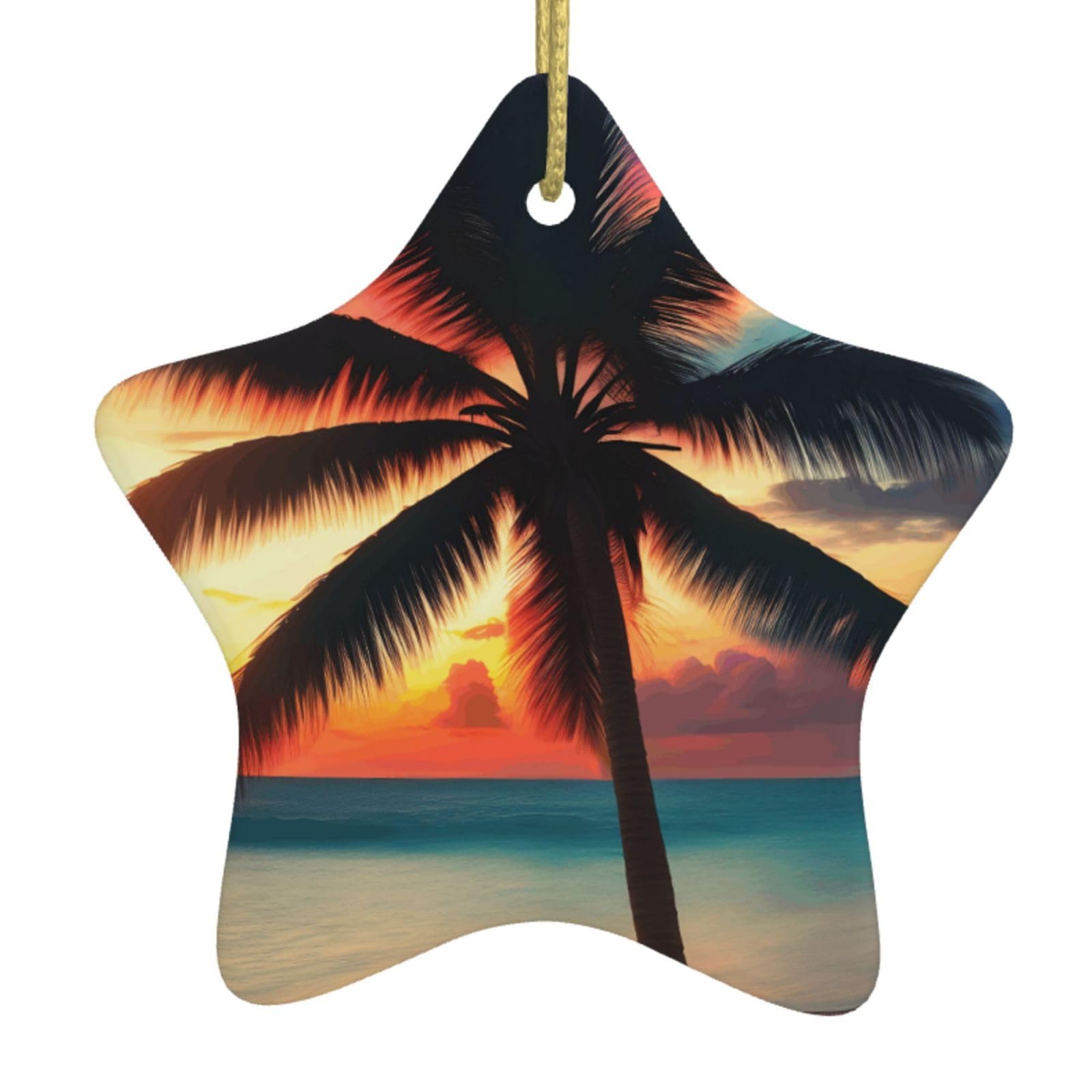 Nbtghga White Tropical Beach Palm Tree Sunset Print Christmas Ornaments, Ceramic Hanging Ornament, Round Shape Decorations