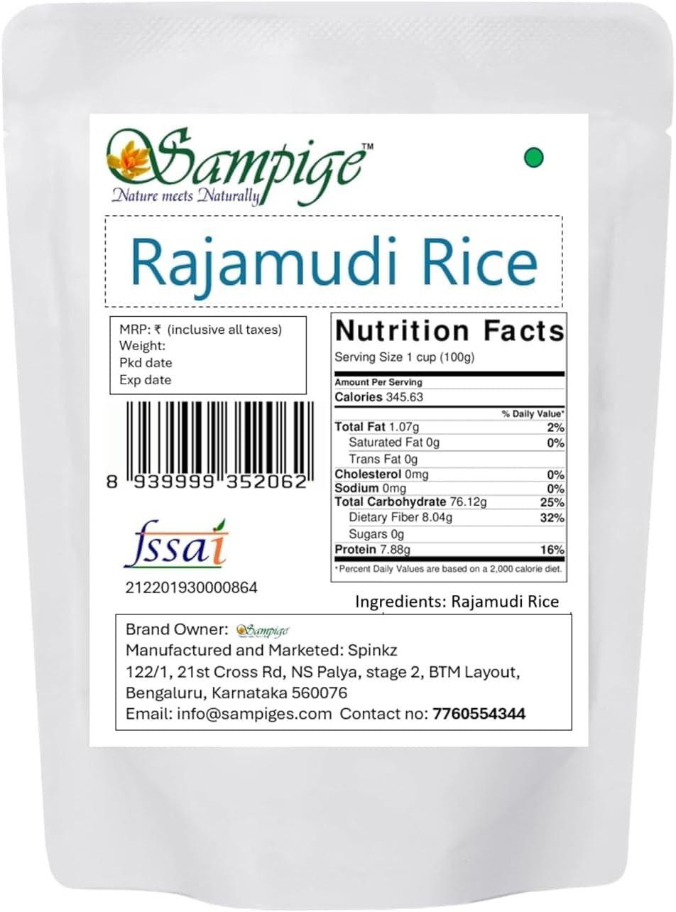 Sampige Rajamudi Authentic Rice -(900 Gram) Long Grain 100% Natural. Naturally Low GI, High in Fibre. Helps Control Diabetes (900g)