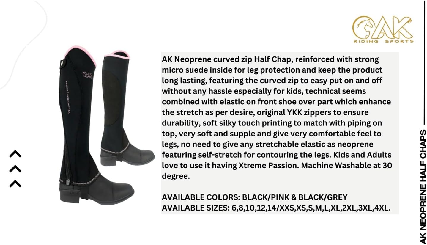 AK Unisex Equestrian Neoprene Curved Zip Horse Riding Half Chaps, Reinforced Micro Suede Interior, Curved Zip for Easy On/Off, YKK Zippers, Soft Printing, Elastic Front AKRS-1828