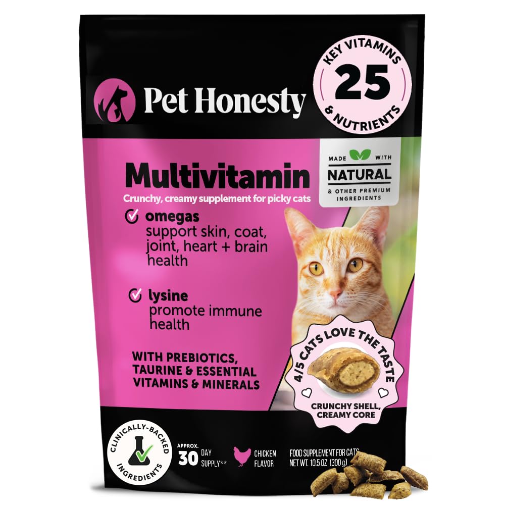 Pet Honesty Cat Multivitamin Crunchy & Creamy Chews - Cat Treats for Health + Immune, Joint Support, Skin & Coat, & Digestion - Vitamins with Omega 3s, Lysine & Probiotics (30 Day Supply)
