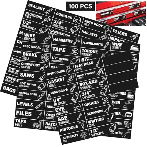 100 Magnetic Tool Box Labels with Icons, Pre-Printed Tool Chest