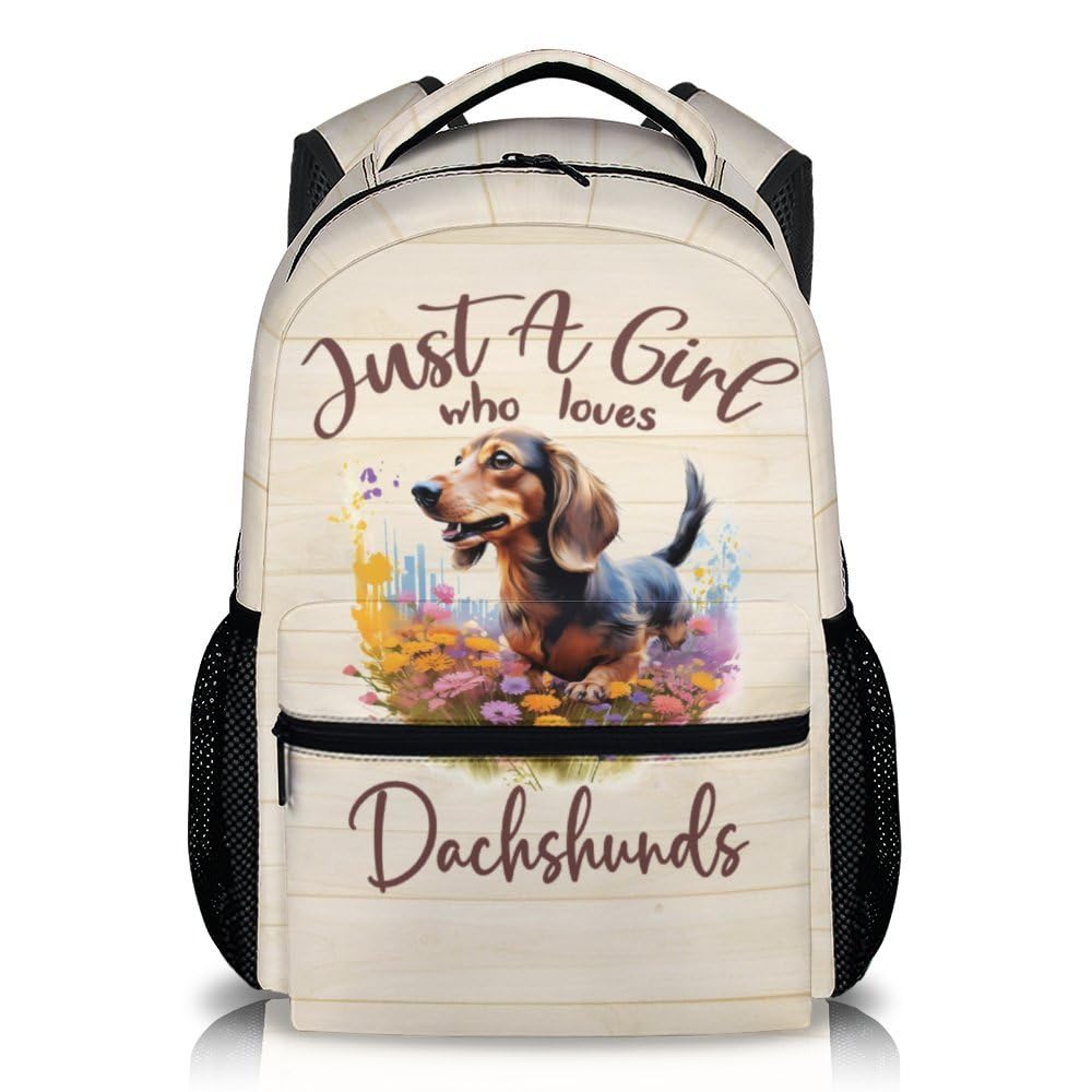 PAKKITOP Girls Backpack - Cute Dog Backpacks for Dog Lovers Kids Women, 17" Cute Dachshund Print Bookbag - Beige Large Capacity Lightweight Daypack