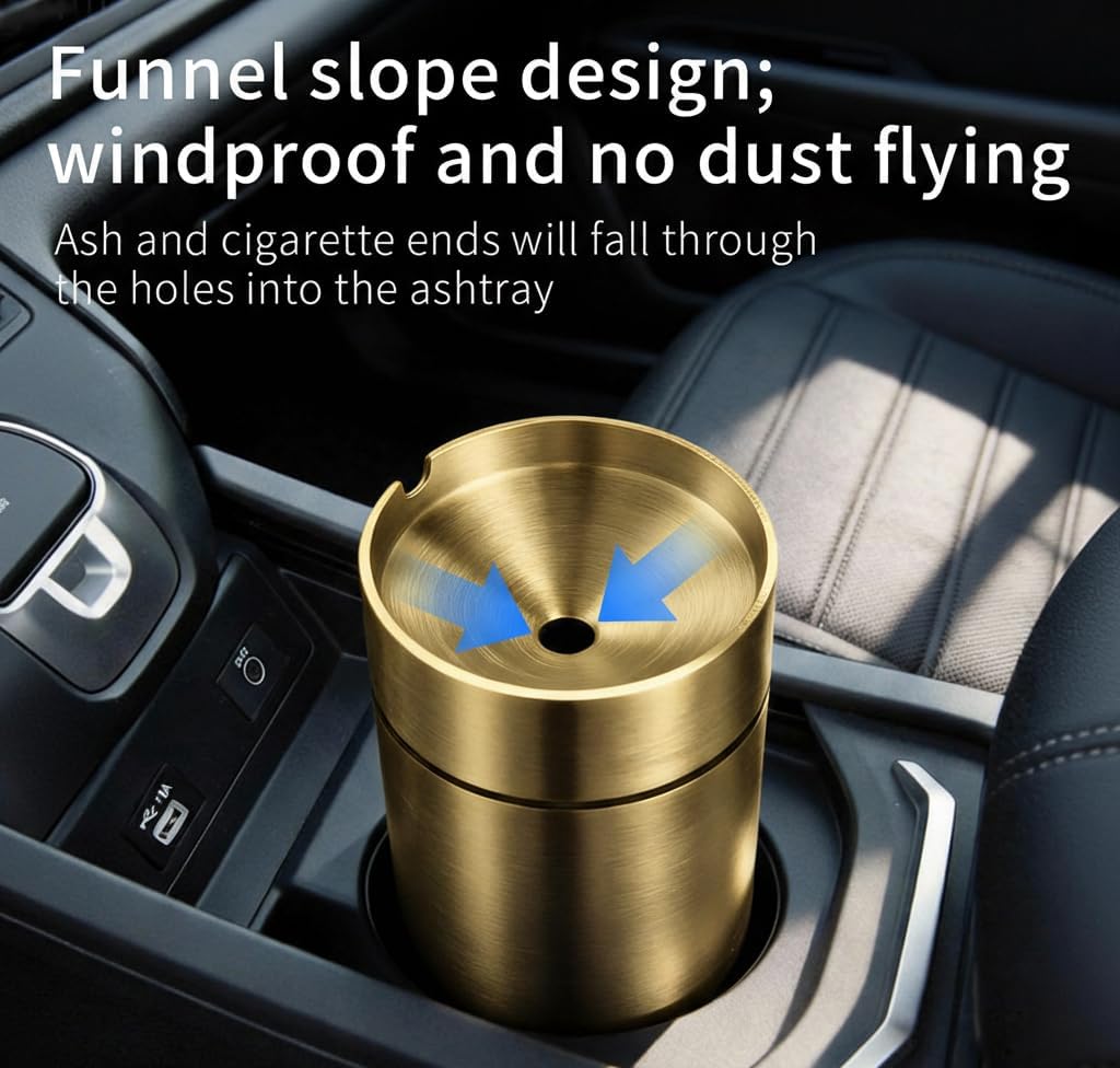 Stainless Steel Auto Ashtrays with Lid Car Ashtray Smell Proof Portable Smokeless Detachable Windproof Extinguished Butt Bucket Ash Tray for Car Cup Holder (golden)
