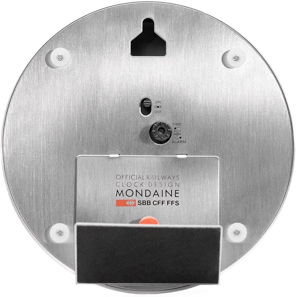 Mondaine A997.MCAL.16SBB.1 Mini Wall Clock and Alarm Clock with Aluminium Case - Ticking Seconds Hand - Silver/Grey Glass Mineral Glass