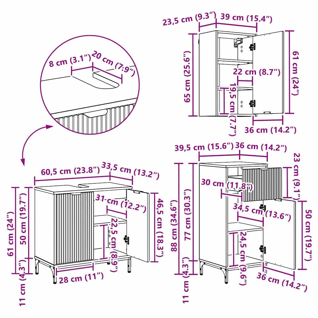Zestaw mebli łazienkowych z szafką pod umywalkę, wysoka szafka i regał w kolorze szarym, materiał drewnopochodny Sonoma do łazienki i toalety dla gości, z dużą ilością miejsca do przechowywania