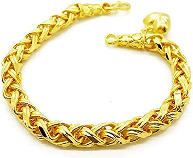 Braid Gorgeous Heart Charm Thai Baht Yellow Gold Plated Filled Bangle 23k 24k Bracelet Jewelry 8 inch