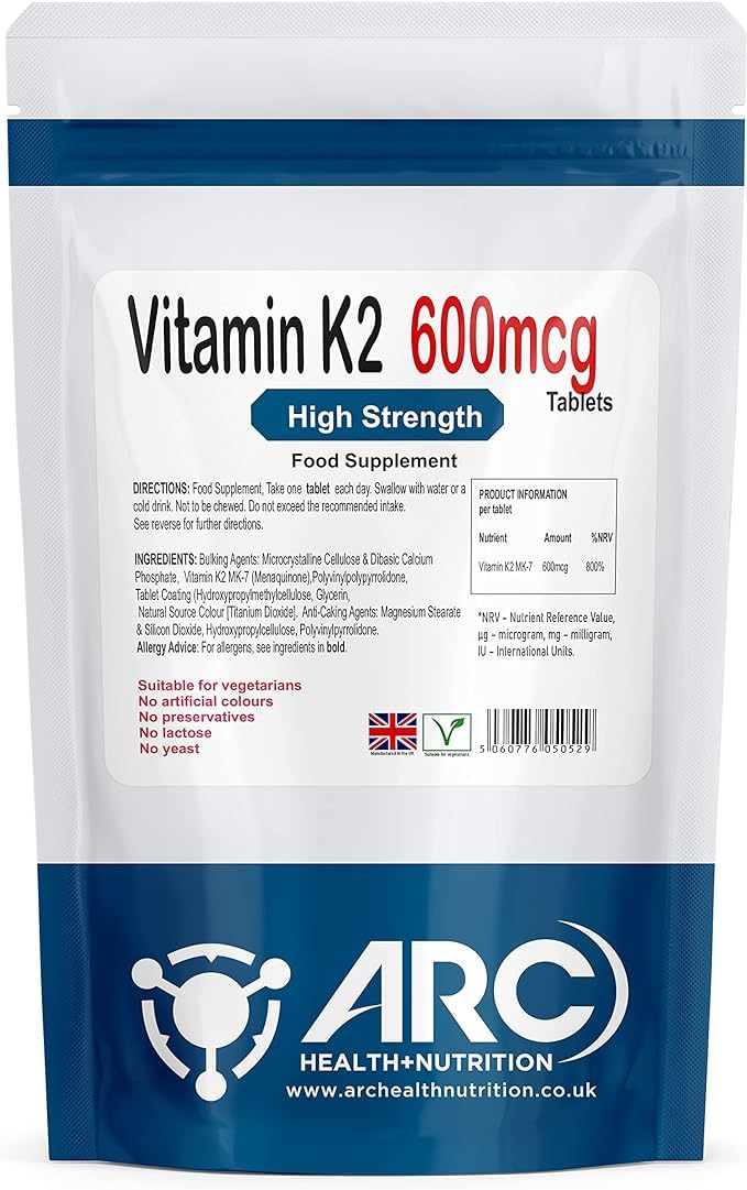 Vitamin K2 MK7 Menaquinone 600mcg Supplement 60 Tablets, Vegetarian & Vegan, for Men and Women Made in UK