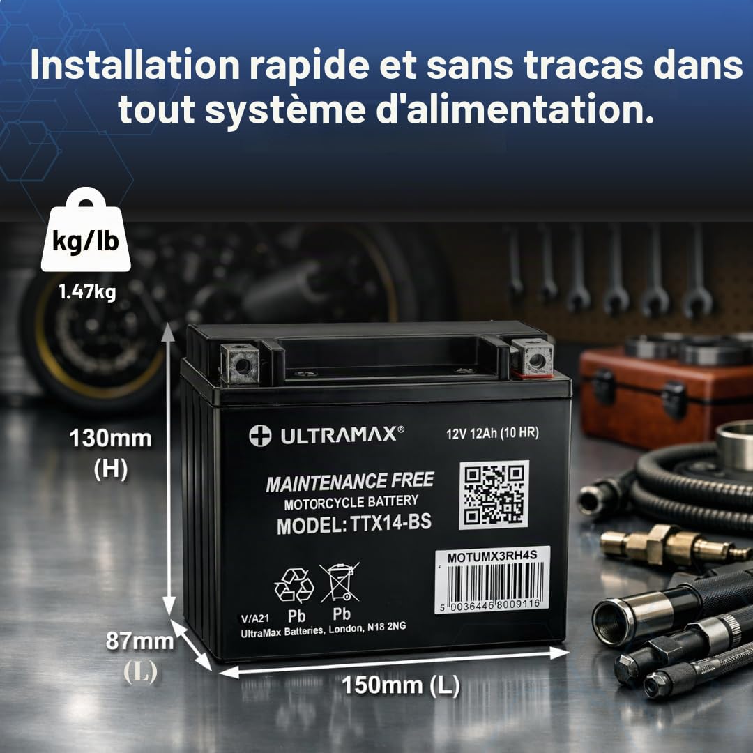 Ultramax Motorcycle Battery YTX14-BS 12V 12Ah (TTX14-BS) AGM