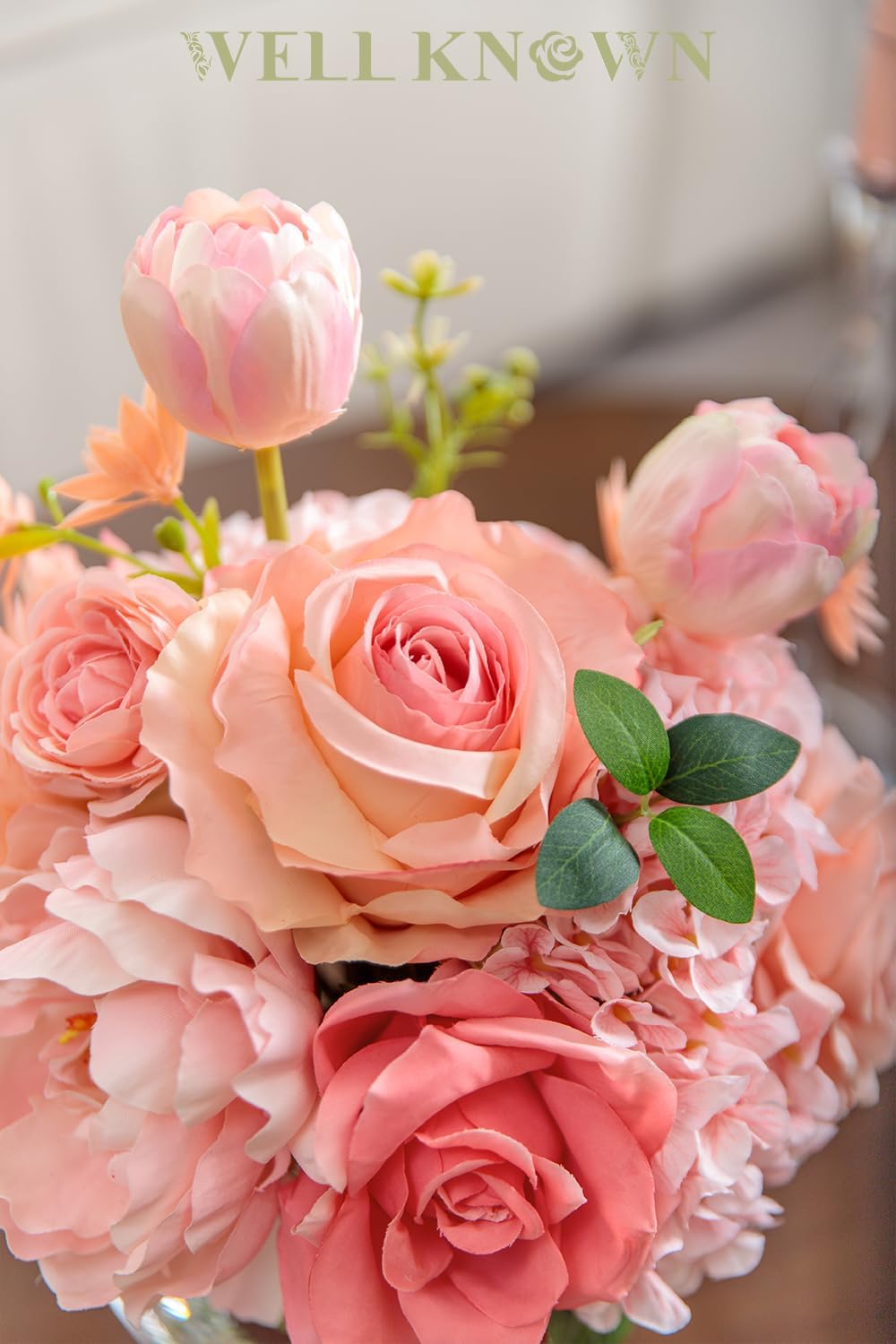 Artificial Flowers in Vase with Fake Water, Silk Tulips Peony Rose Flowers Bouquet with Glass Vase for Home Birthday Party Wedding Dinning Table Centerpieces Office Hotel Decor Gift (Peach Pink Mixed) - Image 5