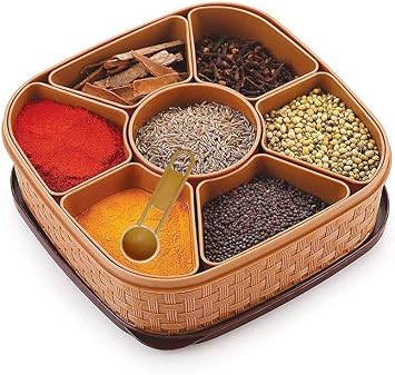Nobel Plastic Square Masala Dabba,Spices,Rangoli Box Set including spoon- 7 Sections