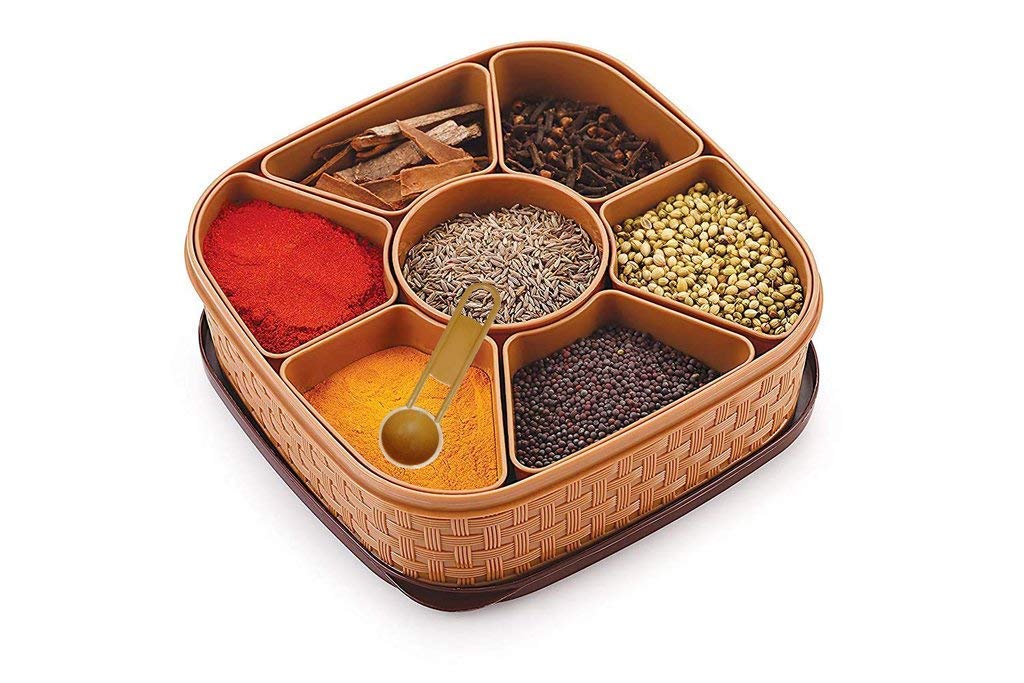 Nobel Beige,Grey Plastic Square Masala Dabba,Spices,Rangoli Box Set Including Spoon- 7 Sections