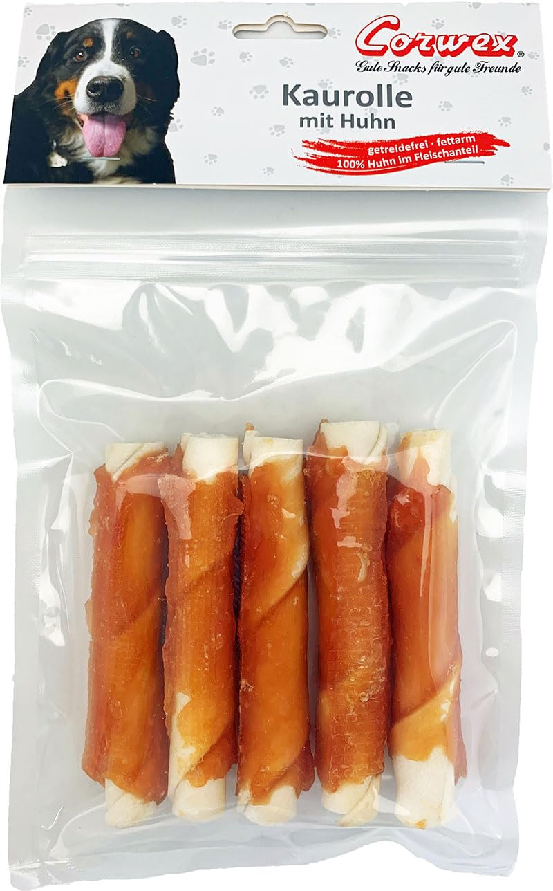 Corwex Kaurolle mit Hühnerbrust ummantelt (10x220g) 12cm/ø 2–3 cm, dickere Kaustange für längeren Kauspaß, getreidefrei & fettarm, Hundesnack mit 100% Huhn im Fleischanteil