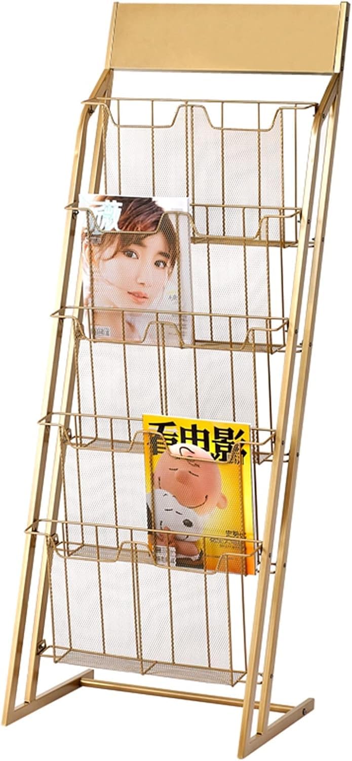 CGCSYZ 5-Tier Magazine Rack, Floor Standing Information Display, Magazine Rack for Newspaper and Product Display Brochure Display Stand for Exhibitions (Gold)