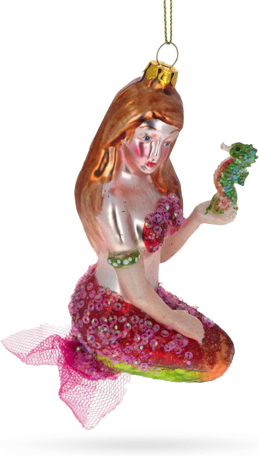 Mermaid with Seahorse Glass Christmas Ornament - Image 6