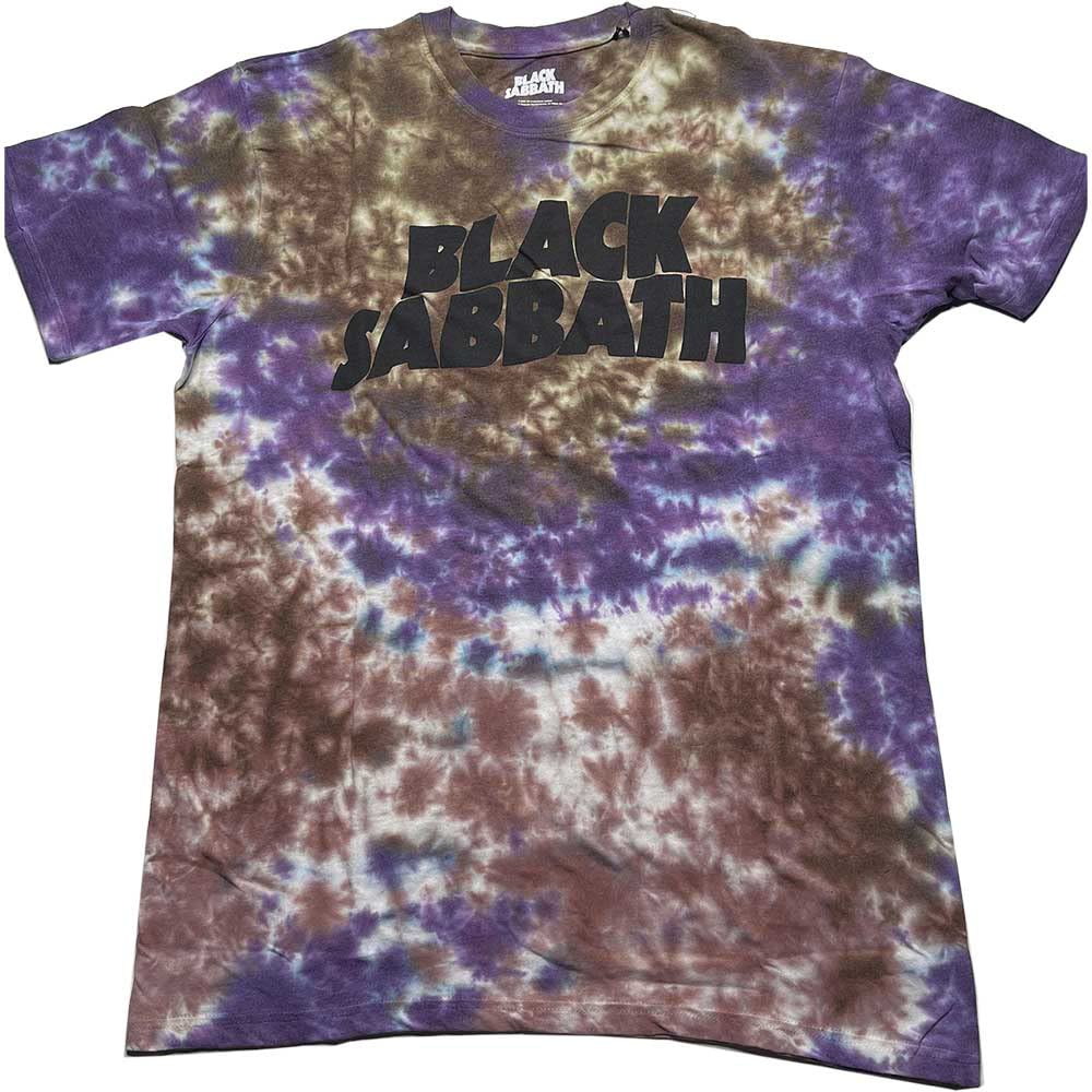 Black Sabbath T Shirt Wavy Band Logo Official Unisex Dye Wash Purple XL