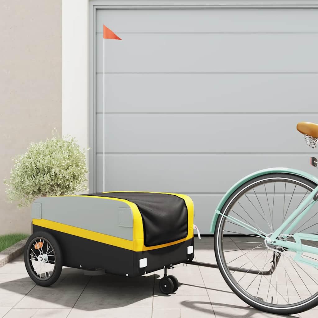 vidaXL Remorque de Vélo, Chariot de Transport avec Barre d'Attelage, Remorque de Bicyclette avec Drapeau pour Bagage, Noir et Jaune 45 kg Fer