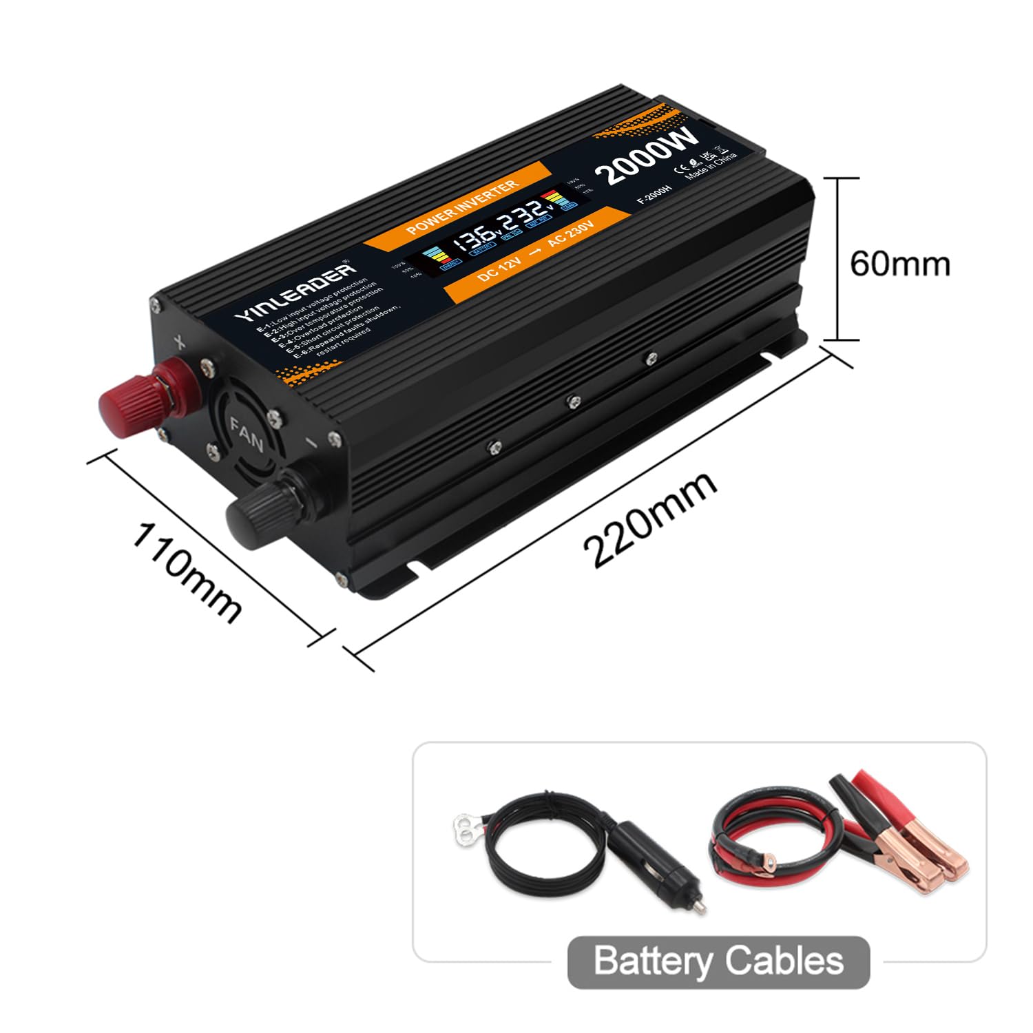 Yinleader inverter 12v 220v Onda sinusoidale modificata Convertitore 900W 2000W trasformatore di tensione LCD USB - Nero