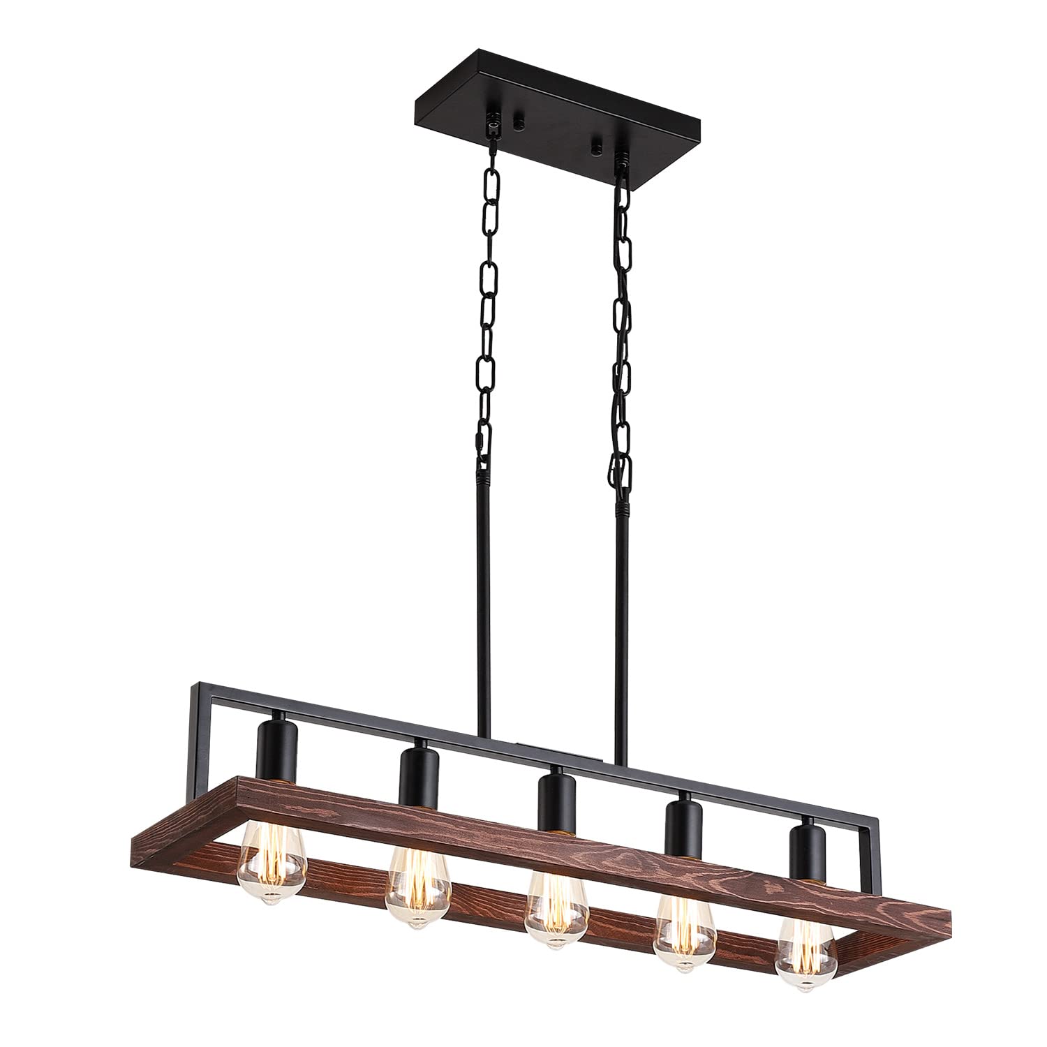 Fivess Lighting5-Light Industrial Rustic Kitchen Island Lighting, Black Wood and Metal Linear Chandelier, Farmhouse Pendant Light Fixture for Kitchen Island Dining Room, Black