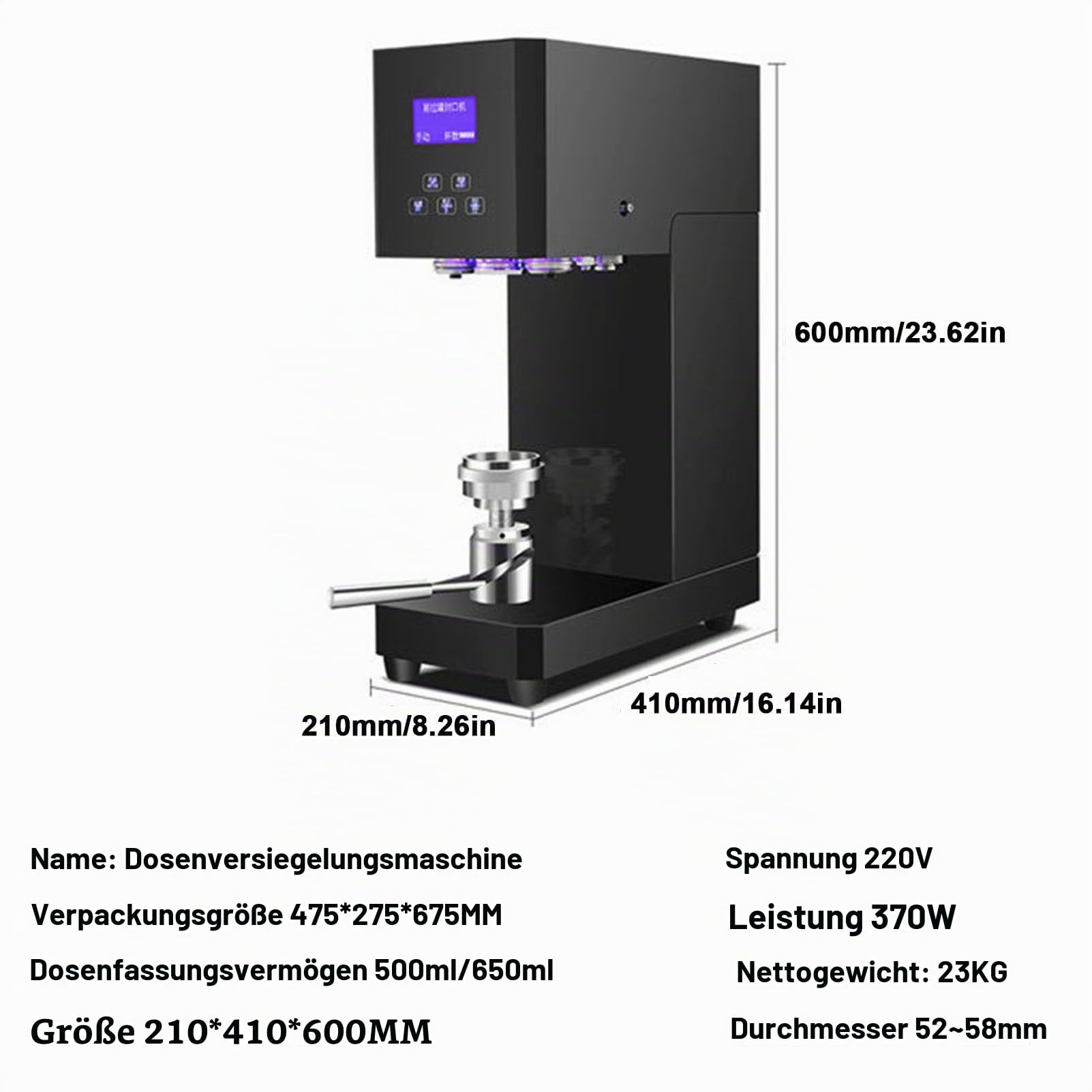 Automatische Dosenverschließmaschine, kommerzieller Tischdosenverschließer mit intelligentem LCD-Display, schnelles und präzises Verschließen von Dosen, Flaschen und Gläsern,Black