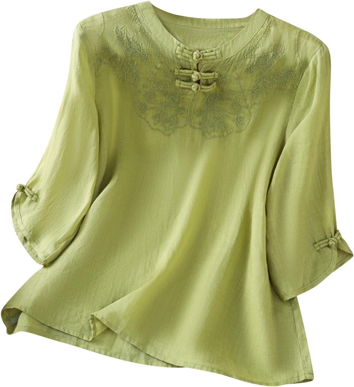 Women Cotton Linen Embroidered Retro Shirts Summer 3/4 Length Sleeve Boho Peasant Tops Chinese Frog Button Tunic Blouse