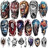 77 Sheets 3D Realistic Temporary Tattoos Adults Kids, Spider Skull Tiger Lion Dragon Snake Temporary Tattoos for Women Men, Half Arm 3D Halloween Temp Tattoos Body Shoulder Tatoos Waterproof