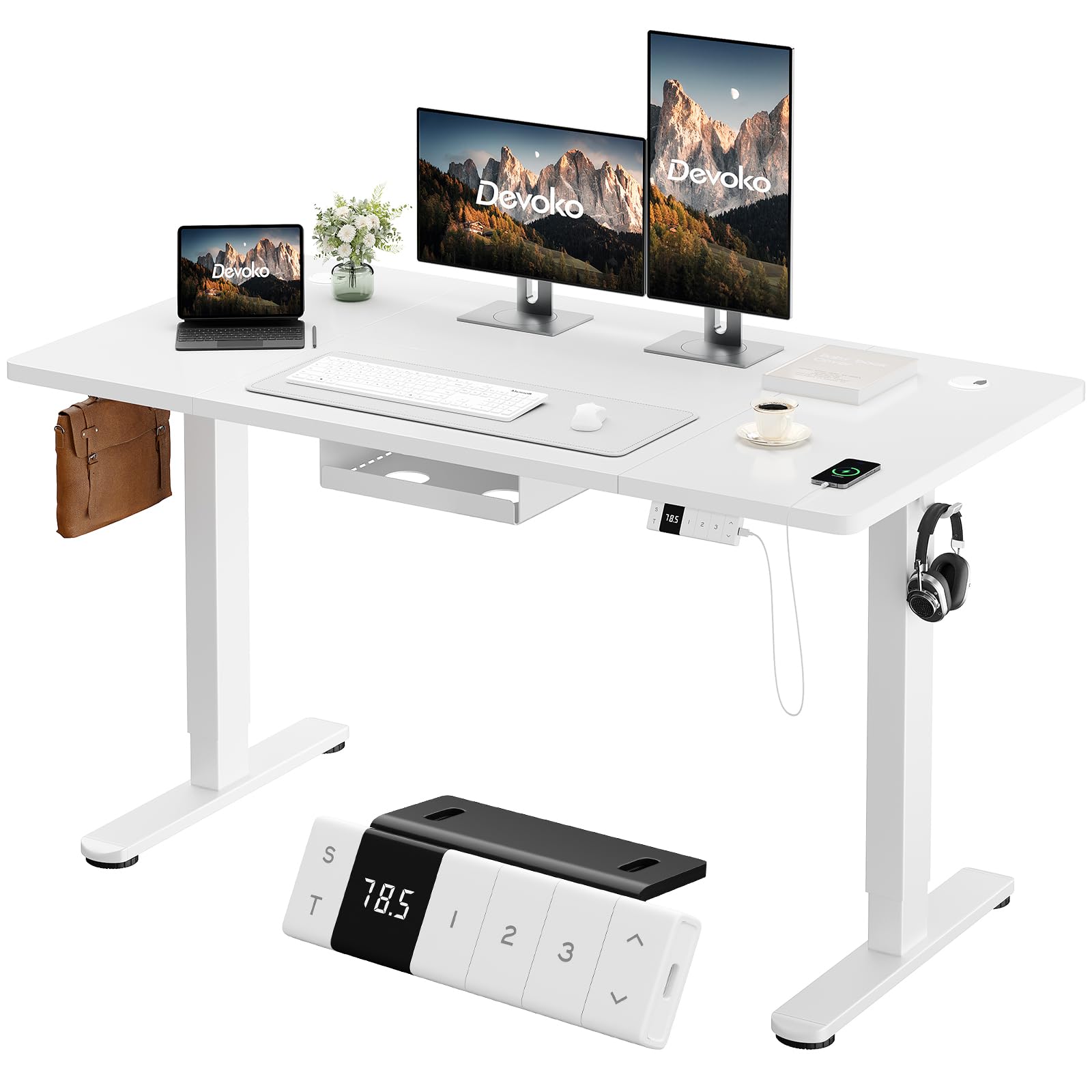 Devoko Electric Standing Sitting Desk 160 x 80 cm, Electric Desk with Type-C Charger Cable Organizer and 3 Height Adjustable Height Positions for Office, Telework, White