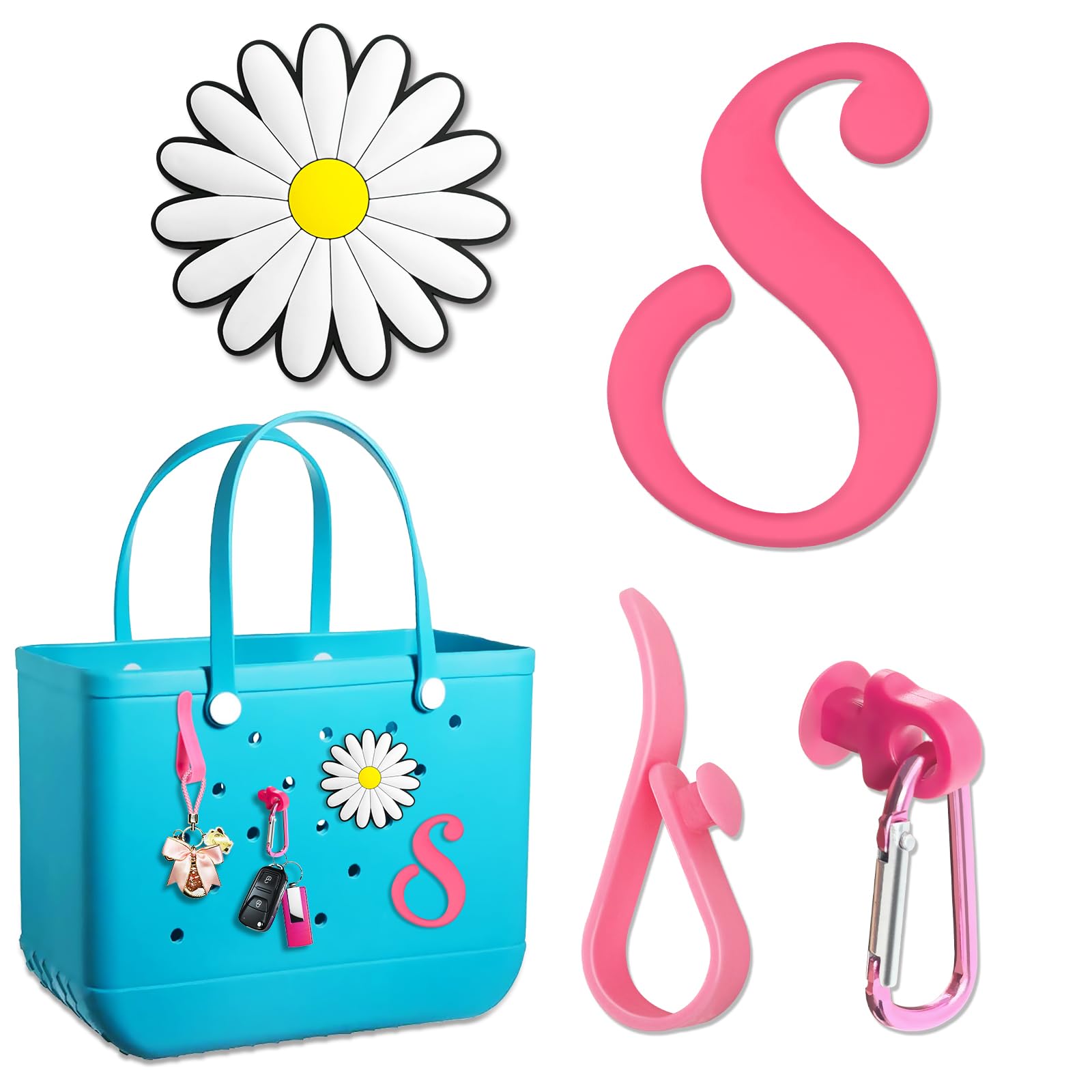 Hikkcos 4 Pcs Letter Charms for Bogg Bag Accessories, Insert Carabiner Keychain Key Holder Compatible for Beach Tote Bag