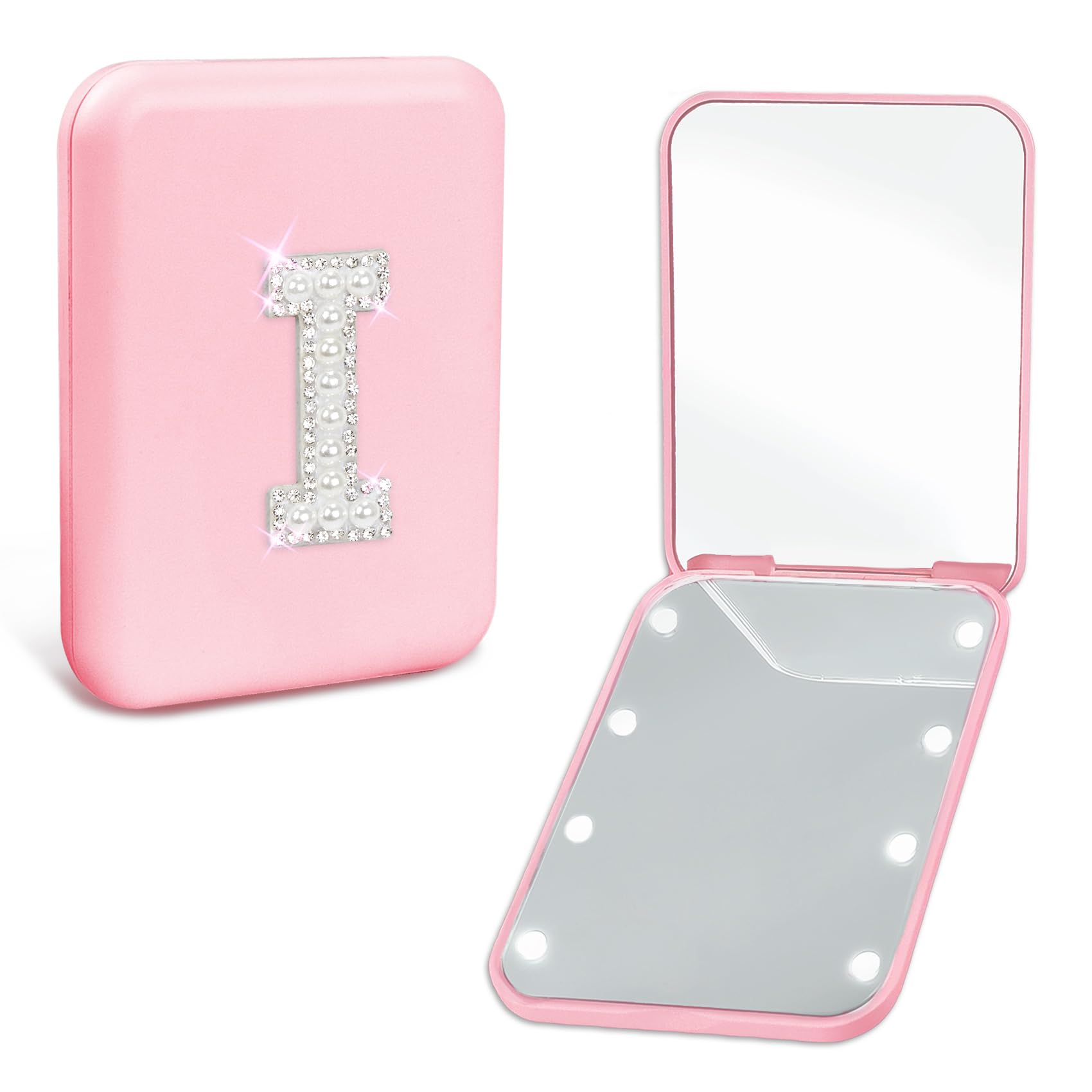 Espejo de bolsillo personalizado, accesorios de viaje, bonito espejo de maquillaje de viaje rosa de 2 lados con aumento, pequeño espejo compacto plegable portátil con inicial de perla preparada